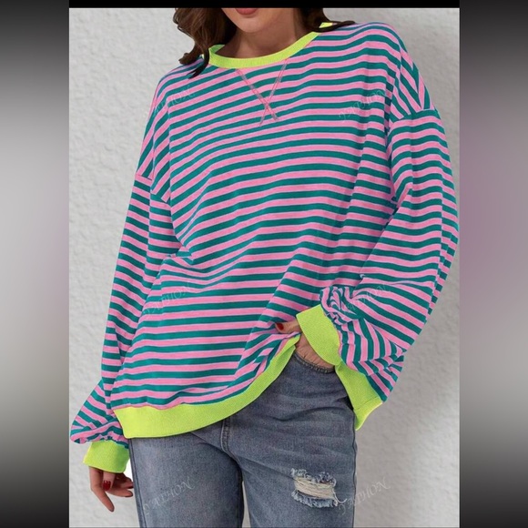 Casual Striped Round Neck Sweatshirt Long Sleeve Loose T-Shirt XL - Picture 2 of 7